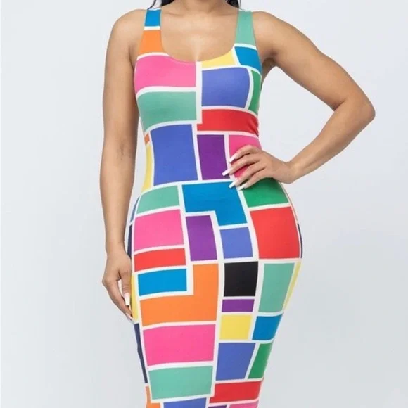 TANK TOP MULTI COLORFUL COLOR BLOCK FITTED BODYCON‎ MIDI DRESS - Picture 7 of 8